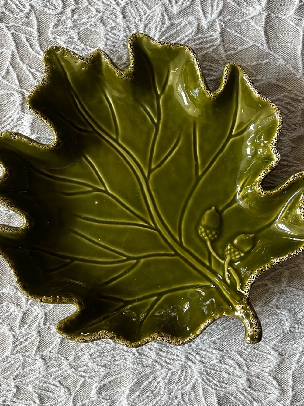Autumn Green Leaf w/ Acorns Ceramic Decorative Dish